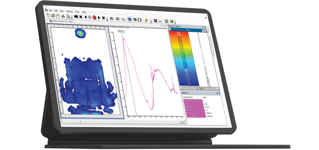 XSENSOR's software capturing and showing the back pressure from a crash simulatrion on a vehicle seat.