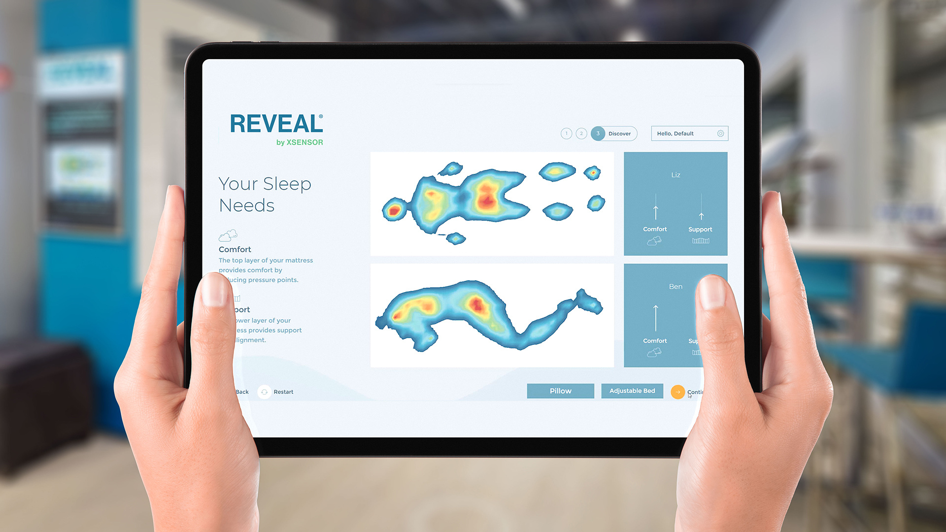 REVEAL by XSENSOR's software showing two pressure images, one of a person lying on their back and the other of a person lying on their side.