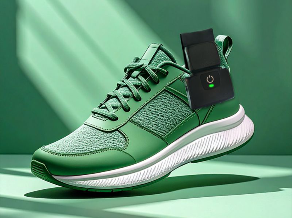 A green running shoe with XSENSOR's Intelligent Insoles against a green background. A green running shoe with XSENSOR's Intelligent Insoles against a green background.