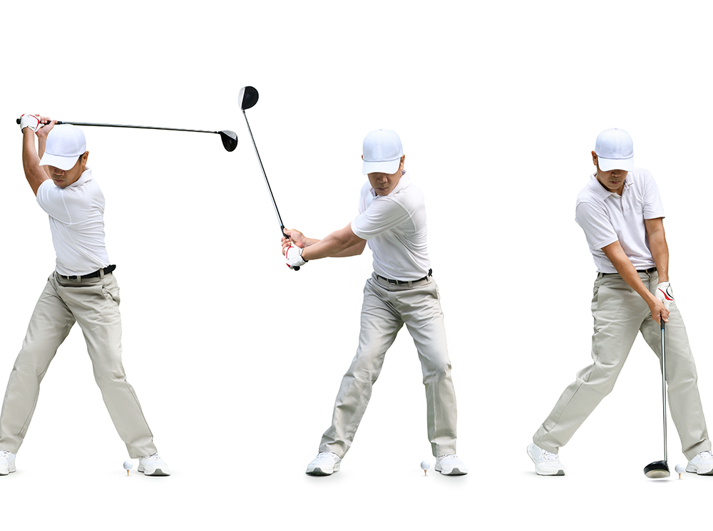 A Golfer in three different poses showing the stages of the golf swing.