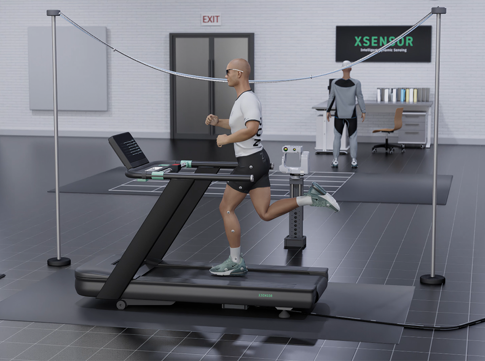 A 3D animation of a Gait Research Lab where a male is running on a treadmill in the foreground and a researcher is reviewing data on a computer in the background.