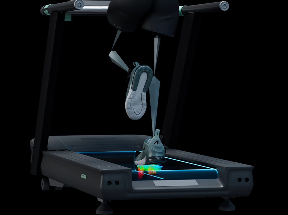 The lower legs of a polygonal individual running on a treadmill.